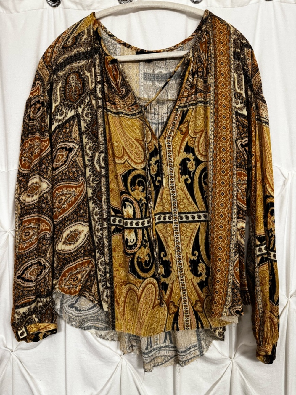 Olivaceous Paisley V-Neck Long Sleeve Boho Peasant Shirt in Mustard/Black/Brown